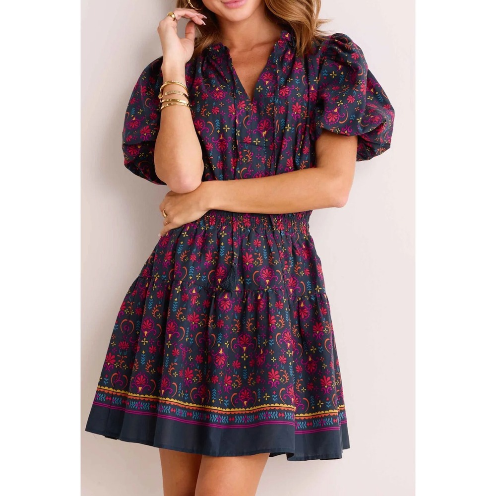 Pinch Women's Floral Puff Sleeve Smocked Mini Dress Sz M Boho Cottagecore